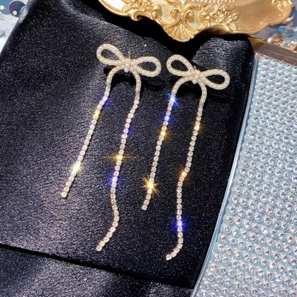 Gold Rhinestone Pearl Bow Drop Earrings - Picture 3 of 5